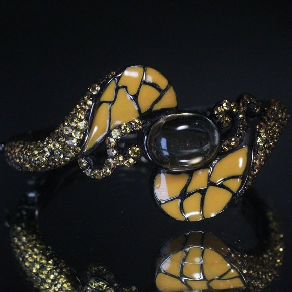 STERLING SILVER BLACKENED CITRINE ENAMEL BANGLE BRACELET - Picture 2 of 8